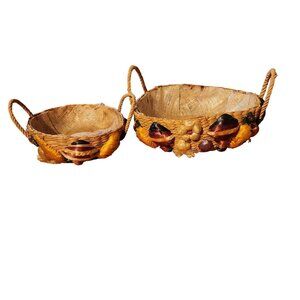 Decorative Rafia Woven Bread Baskets With Faux Vegetables Set Of 2 Cottage Boho